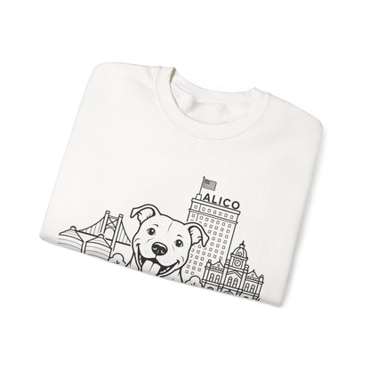 Waco Pittie Sweatshirt — Pittie and Waco skyline artwork, detail view