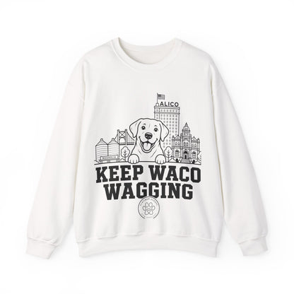 Waco Labrador Sweatshirt — Labrador and Waco skyline artwork on White crewneck