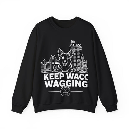Waco Corgi Sweatshirt — Corgi and Waco skyline artwork on Black crewneck