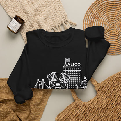 Waco Australian Shepherd Sweatshirt — Australian Shepherd and Waco skyline artwork, packaging or scale reference