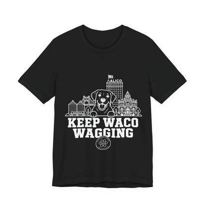 Keep Waco Wagging Labrador Edition — Labrador and Waco skyline artwork on Black tee