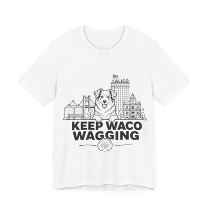 Keep Waco Wagging — Australian Shepherd and Waco skyline artwork on White tee