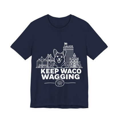 Keep Waco Wagging — Corgi and Waco skyline artwork on Navy tee