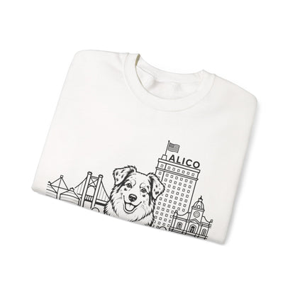 Waco Australian Shepherd Sweatshirt — Australian Shepherd and Waco skyline artwork, detail view