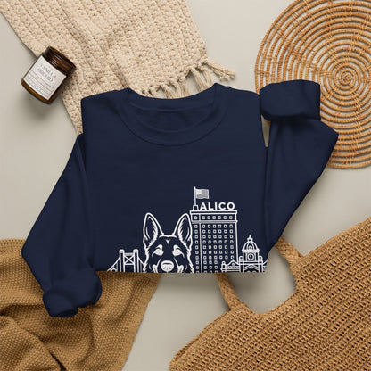 Waco German Shepherd Sweatshirt — German Shepherd and Waco skyline artwork, packaging or scale reference