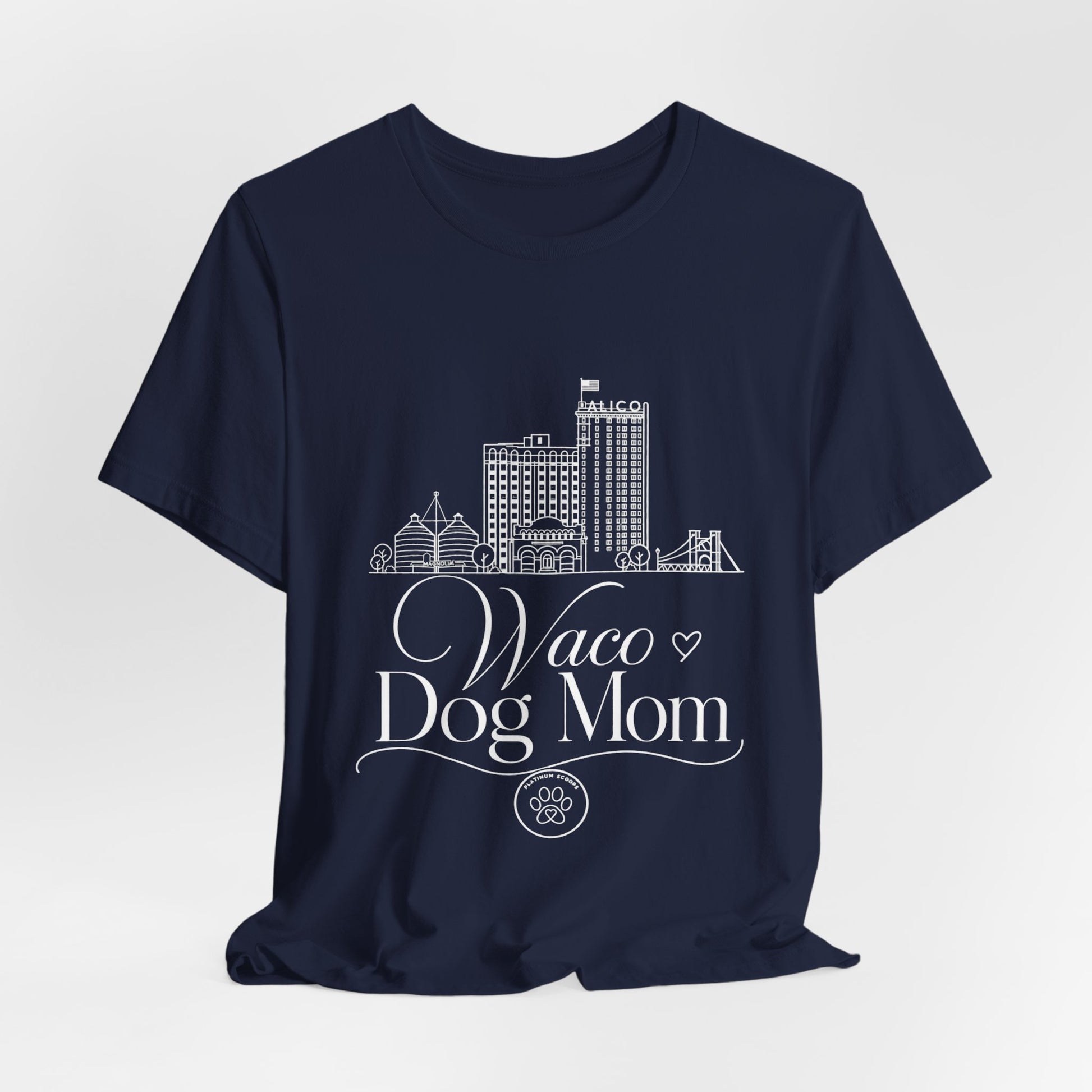 Waco Dog Mom Tee — dog mom Waco skyline artwork, packaging or scale reference
