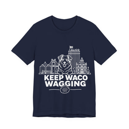 Keep Waco Wagging — Australian Shepherd and Waco skyline artwork on Navy tee
