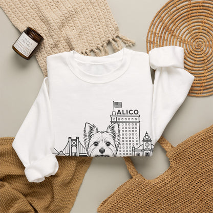 Waco Yorkie Sweatshirt — Yorkie and Waco skyline artwork, packaging or scale reference
