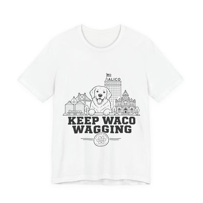 Keep Waco Wagging Golden Retriever Edition — Golden Retriever and Waco skyline artwork on White tee