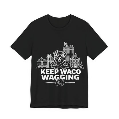 Keep Waco Wagging — Australian Shepherd and Waco skyline artwork on Black tee