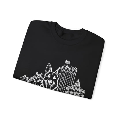 Waco German Shepherd Sweatshirt — German Shepherd and Waco skyline artwork, packaging or scale reference