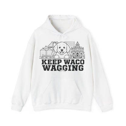 Waco Maltipoo Hoodie — Maltipoo and Waco skyline artwork on White hoodie