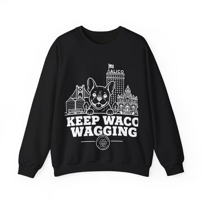Waco Frenchie Sweatshirt — Frenchie and Waco skyline artwork on Black crewneck