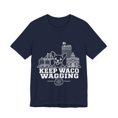 Keep Waco Wagging Chihuahua Edition — Chihuahua and Waco skyline artwork on Navy tee