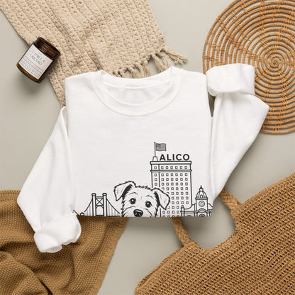 Waco Rescue Mutt Sweatshirt — Rescue Mutt and Waco skyline artwork, packaging or scale reference