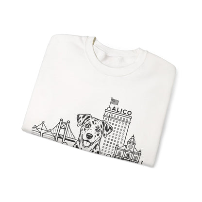 Waco Catahoula Sweatshirt — Catahoula and Waco skyline artwork, detail view