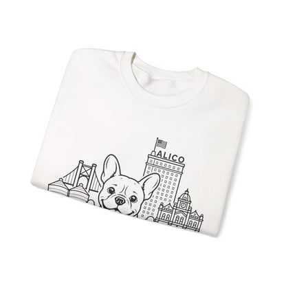 Waco Frenchie Sweatshirt — Frenchie and Waco skyline artwork, detail view