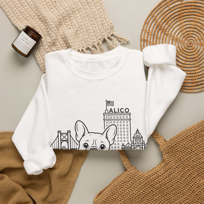 Waco Frenchie Sweatshirt — Frenchie and Waco skyline artwork, packaging or scale reference