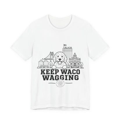Keep Waco Wagging Doodle Edition — Doodle and Waco skyline artwork on White tee
