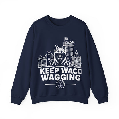Waco Siberian Husky Sweatshirt — Siberian Husky and Waco skyline artwork on Navy crewneck