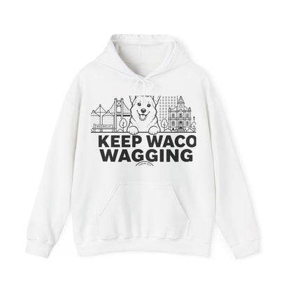 Waco Corgi Hoodie — Corgi and Waco skyline artwork on White hoodie