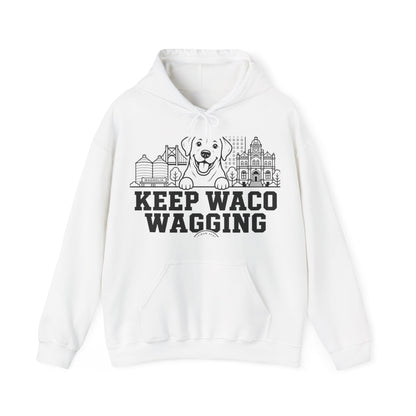Waco Labrador Hoodie — Labrador and Waco skyline artwork on White hoodie