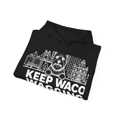 Waco Yorkie Hoodie — Yorkie and Waco skyline artwork, packaging or scale reference