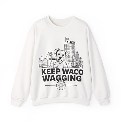 Waco Rescue Mutt Sweatshirt — Rescue Mutt and Waco skyline artwork on White crewneck