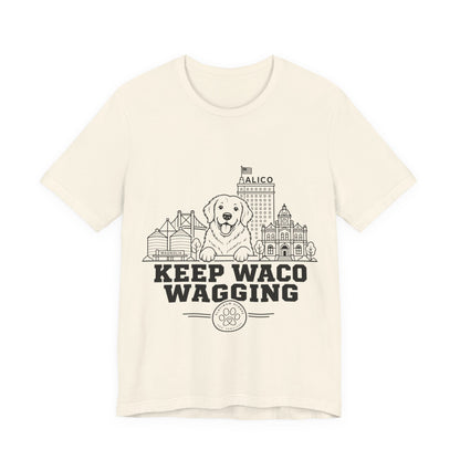 Keep Waco Wagging Golden Retriever Edition — Golden Retriever and Waco skyline artwork on Natural tee