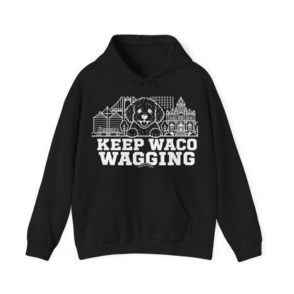 Waco Maltipoo Hoodie — Maltipoo and Waco skyline artwork on Black hoodie