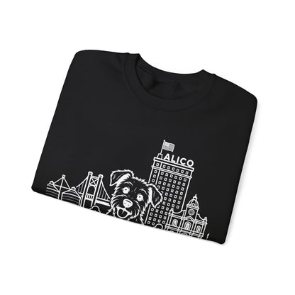 Waco Rescue Mutt Sweatshirt — Rescue Mutt and Waco skyline artwork, packaging or scale reference