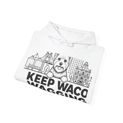 Waco Yorkie Hoodie — Yorkie and Waco skyline artwork, packaging or scale reference