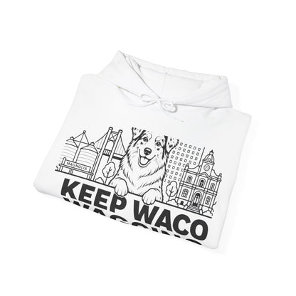 Waco Australian Shepherd Hoodie — Australian Shepherd and Waco skyline artwork, packaging or scale reference