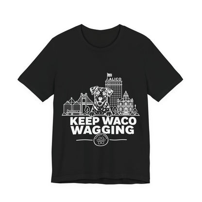 Keep Waco Wagging — Catahoula and Waco skyline artwork on Black tee