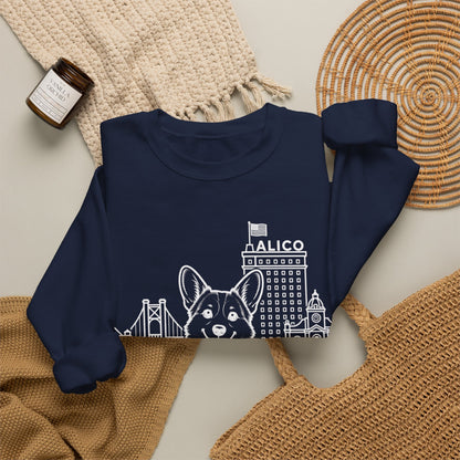 Waco Corgi Sweatshirt — Corgi and Waco skyline artwork, packaging or scale reference