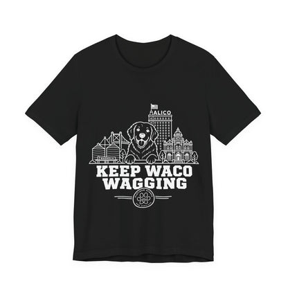 Keep Waco Wagging Golden Retriever Edition — Golden Retriever and Waco skyline artwork on Black tee