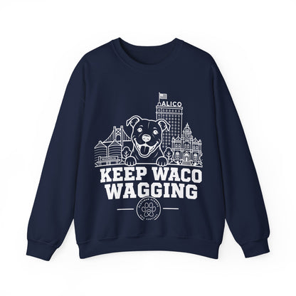 Waco Pittie Sweatshirt — Pittie and Waco skyline artwork on Navy crewneck