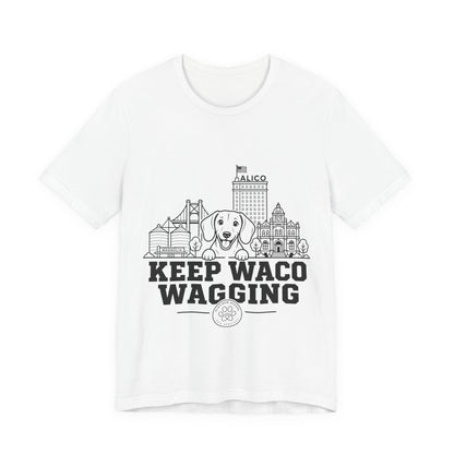 Keep Waco Wagging Dachshund Edition — Dachshund and Waco skyline artwork on White tee
