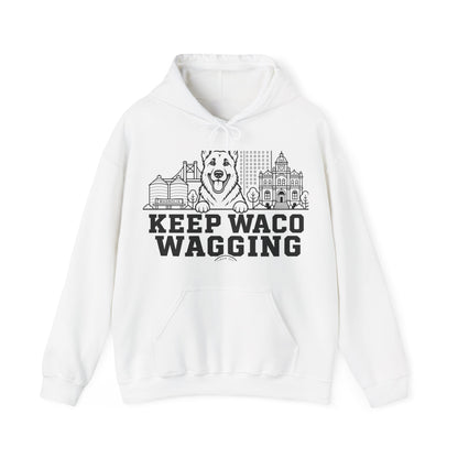 Waco German Shepherd Hoodie — German Shepherd and Waco skyline artwork on White hoodie
