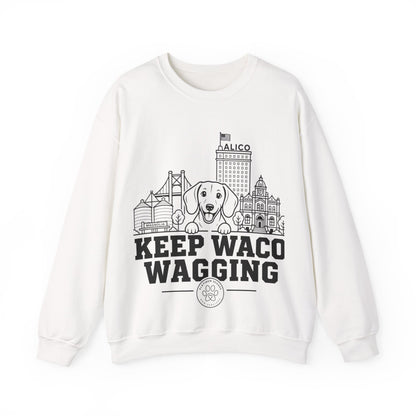 Waco Dachshund Sweatshirt — Dachshund and Waco skyline artwork on White crewneck