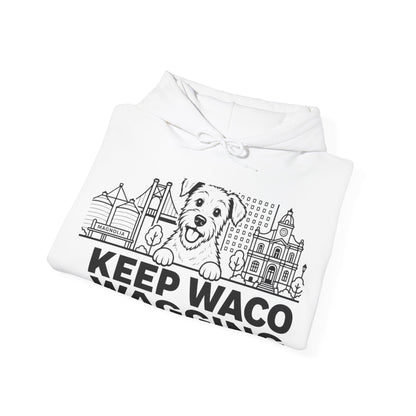 Waco Rescue Mutt Hoodie — Rescue Mutt and Waco skyline artwork, packaging or scale reference