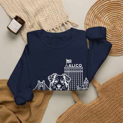 Waco Australian Shepherd Sweatshirt — Australian Shepherd and Waco skyline artwork, packaging or scale reference