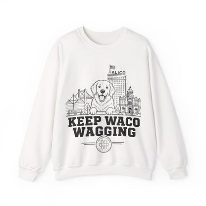 Waco Golden Retriever Sweatshirt — Golden Retriever and Waco skyline artwork on White crewneck