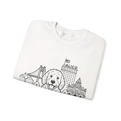 Waco Doodle Sweatshirt — Doodle and Waco skyline artwork, detail view