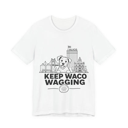 Keep Waco Wagging — Rescue Mutt and Waco skyline artwork on White tee