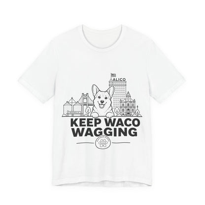 Keep Waco Wagging — Corgi and Waco skyline artwork on White tee