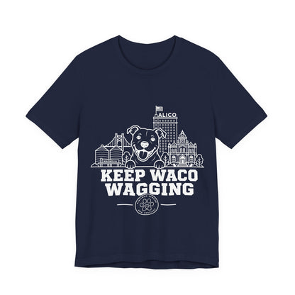 Keep Waco Wagging Pittie Edition — Pittie and Waco skyline artwork on Navy tee