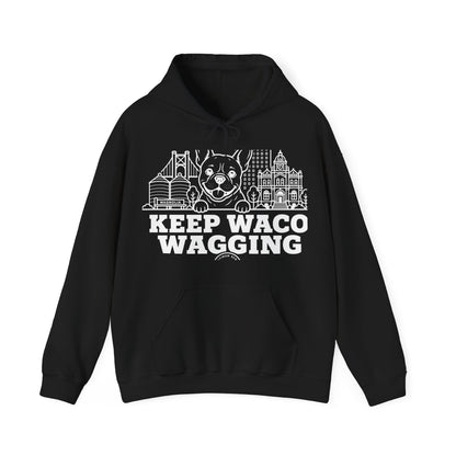 Waco Frenchie Hoodie — Frenchie and Waco skyline artwork on Black hoodie