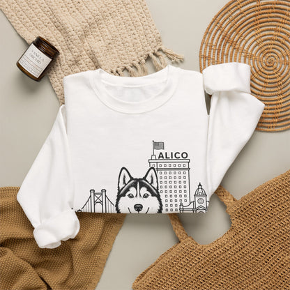 Waco Siberian Husky Sweatshirt — Siberian Husky and Waco skyline artwork, packaging or scale reference