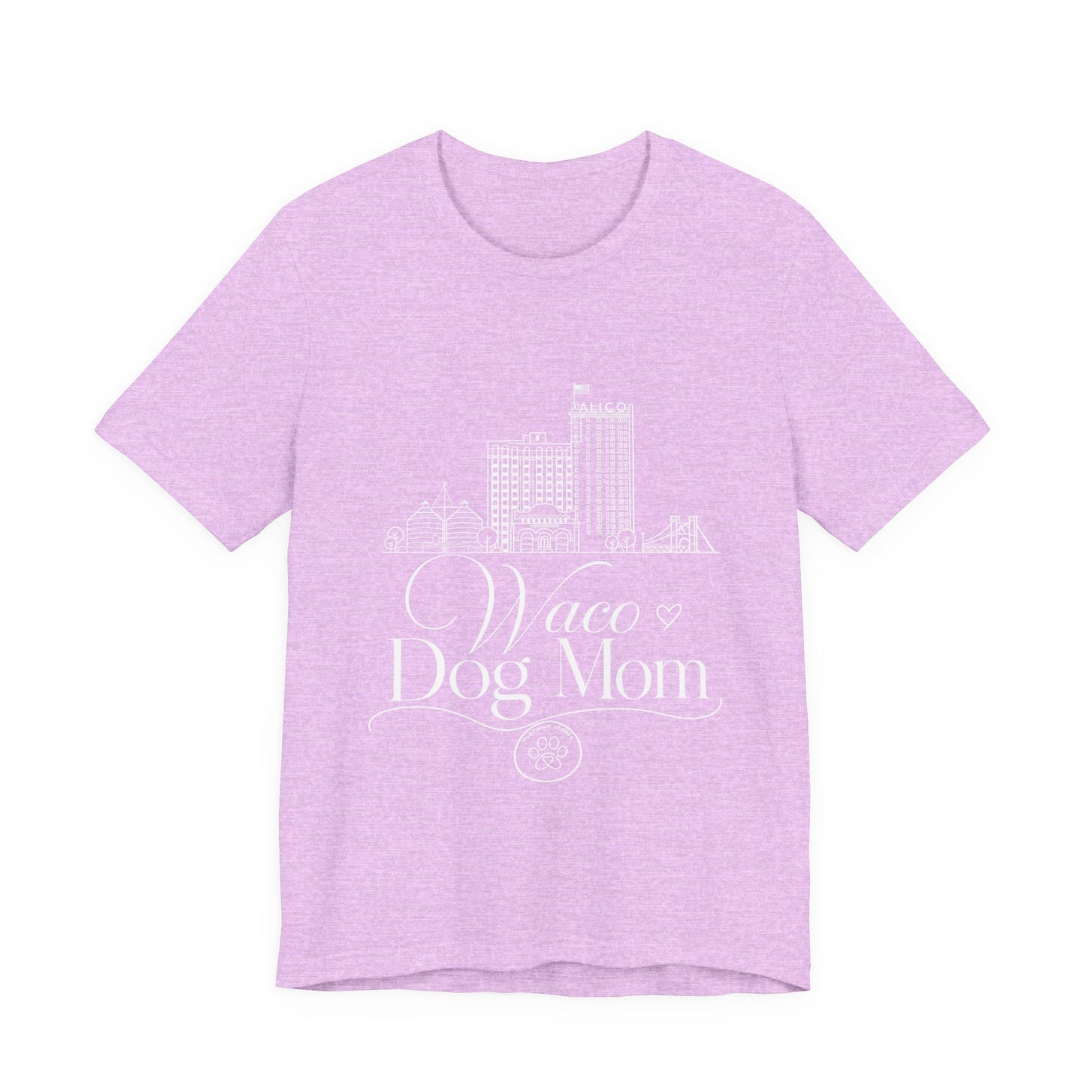 Waco Dog Mom Tee — dog mom Waco skyline artwork on Heather Prism Lilac tee